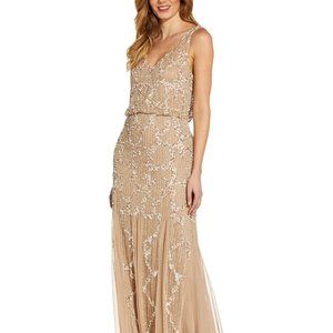 Adrianna Papell Embellished Cowl-Back Gown Champagne Size 4